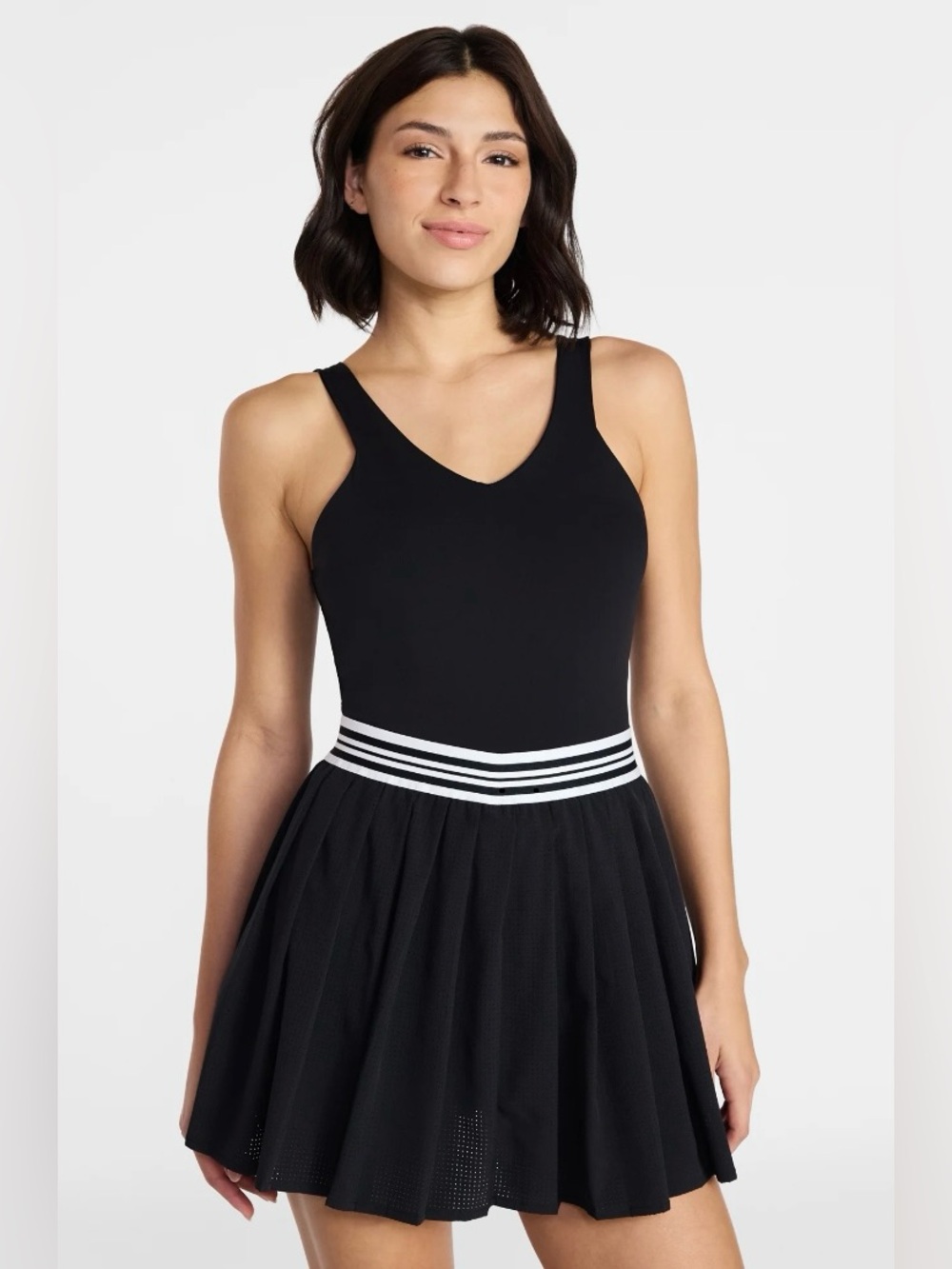 NWT Avia Black Sleeveless V-Neck Tennis Dress with Striped Waist